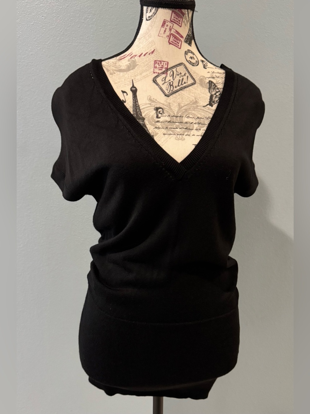 White House Black Market Black V-neck Ribbed Knit Top